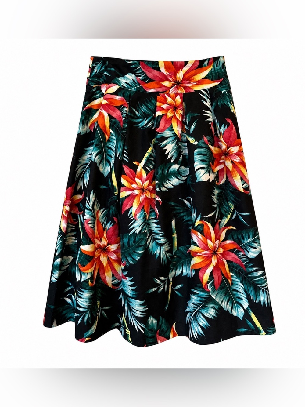 Vintage Tropical Floral Midi Skirt Black Hibiscus Resort Vacation S